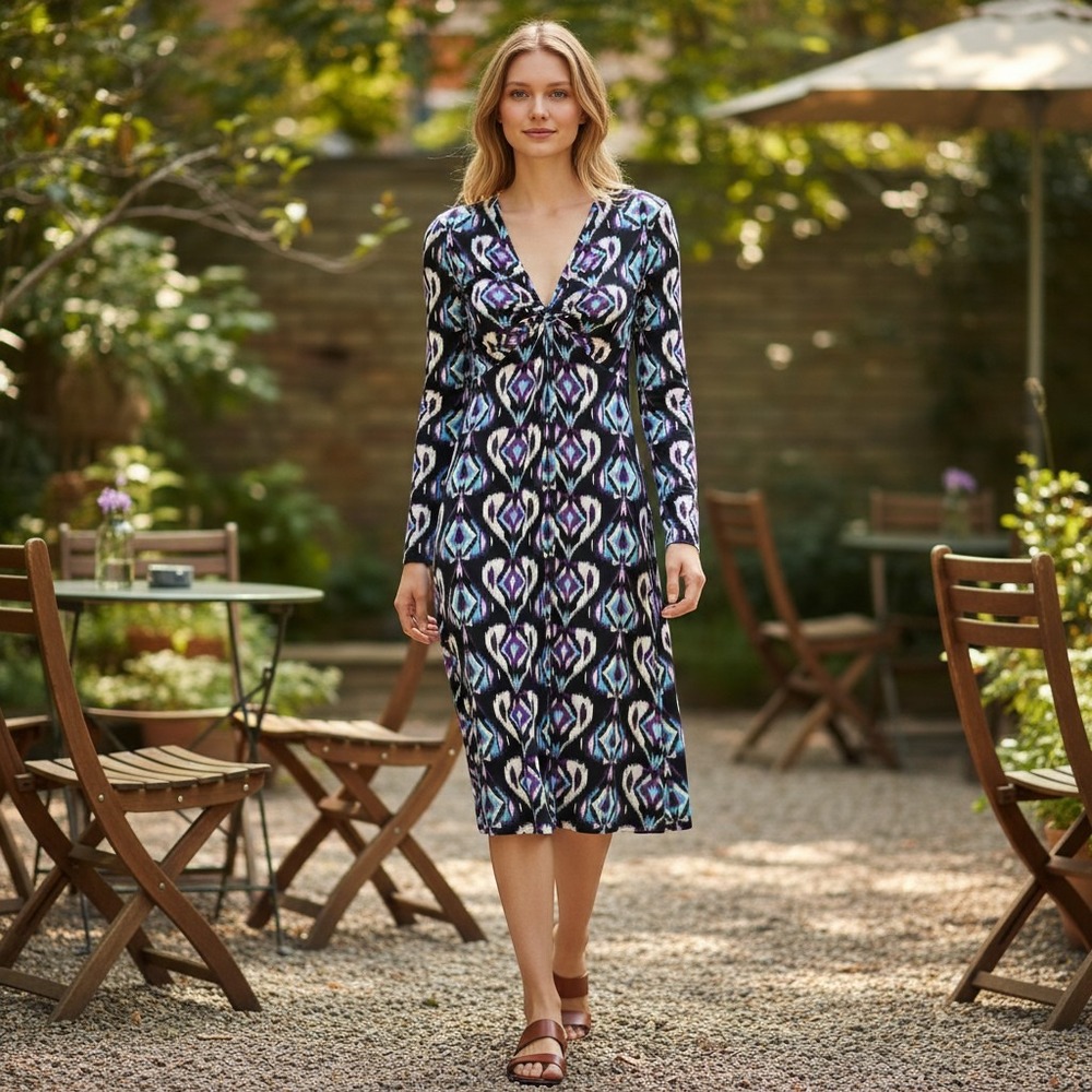 Tory Burch Silk Ikat Heart Print V-Neck Long Sleeve Dress Purple Blue Black M